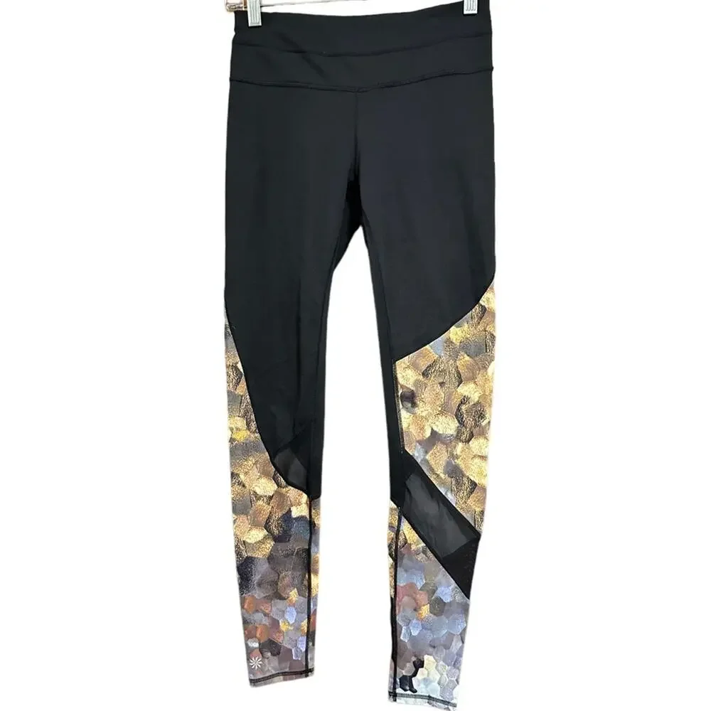 Athleta Women's Asym Mesh Sonar Honeycomb Print Leggings Rear Zip Pocket Small